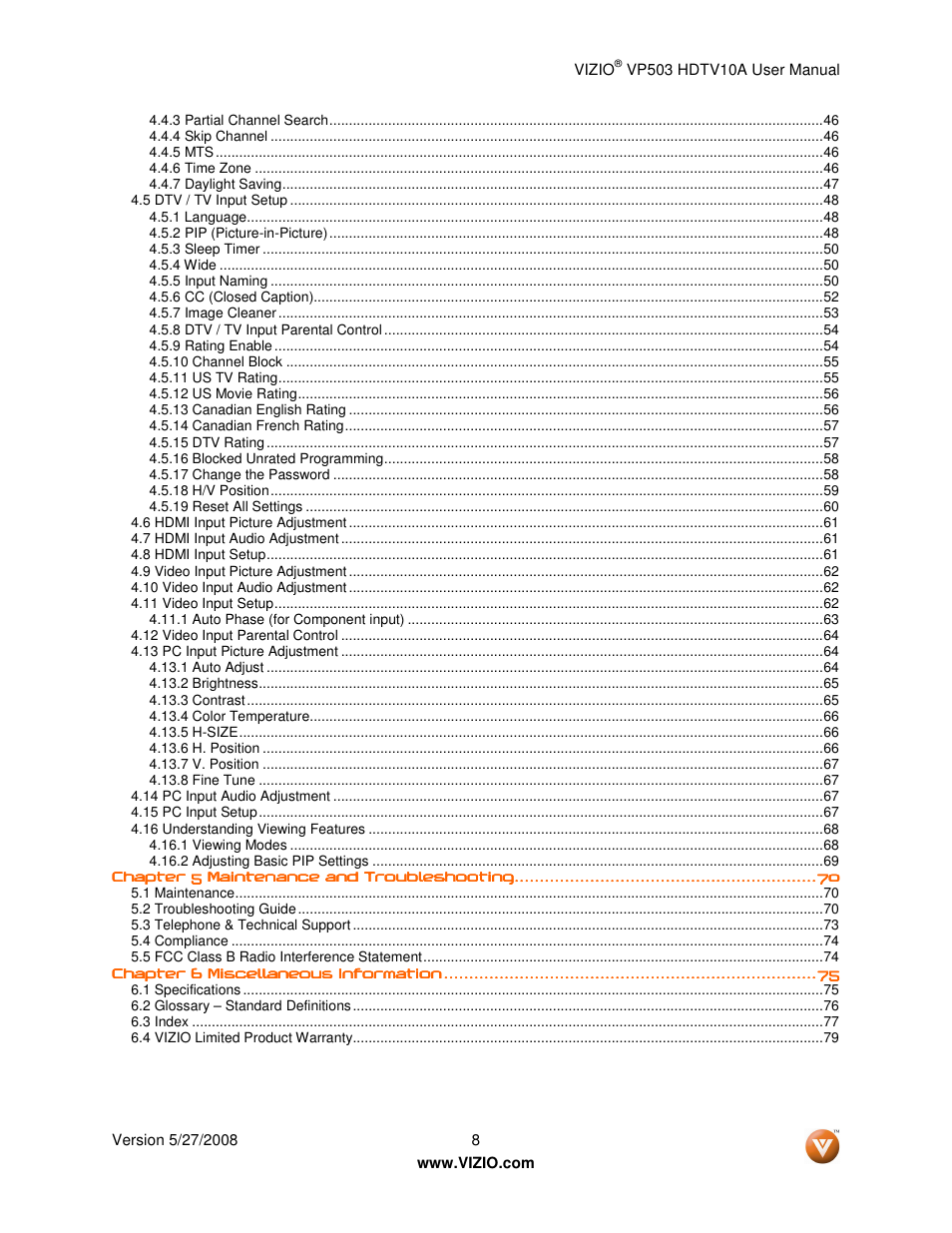 Vizio VP503 User Manual | Page 8 / 80