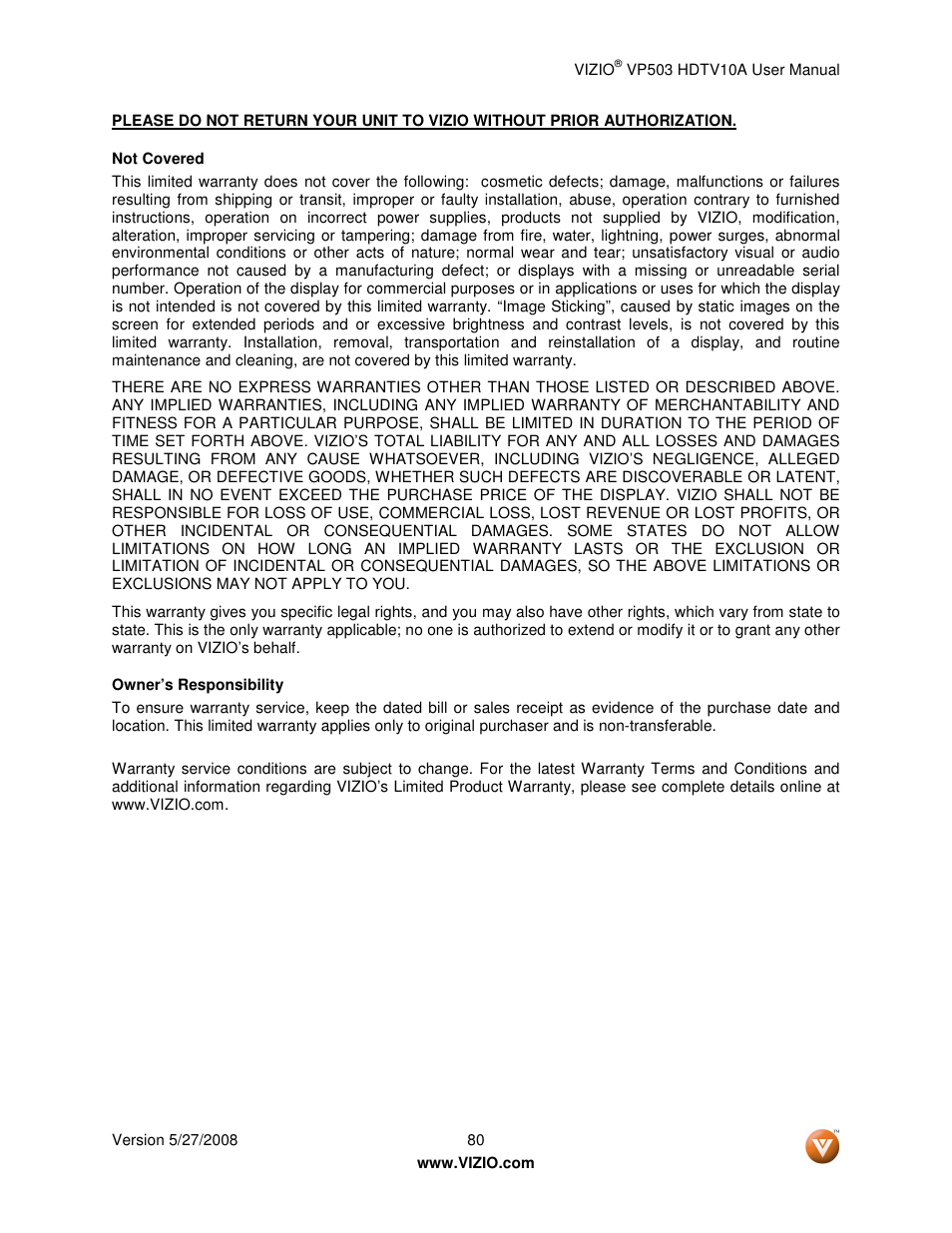 Vizio VP503 User Manual | Page 80 / 80