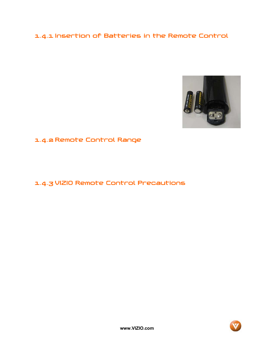 1 insertion of batteries in the remote control, 2 remote control range, 3 vizio remote control precautions | Vizio VW32L User Manual | Page 12 / 70