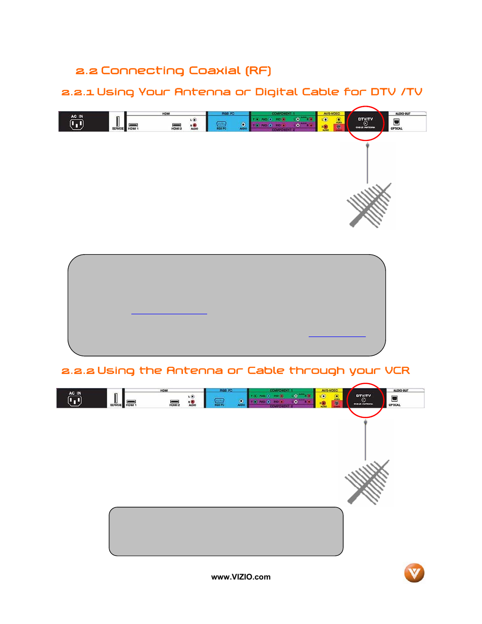 2 connecting coaxial (rf), 1 using your antenna or digital cable for dtv /tv, 2 using the antenna or cable through your vcr | Vizio VW32L User Manual | Page 14 / 70