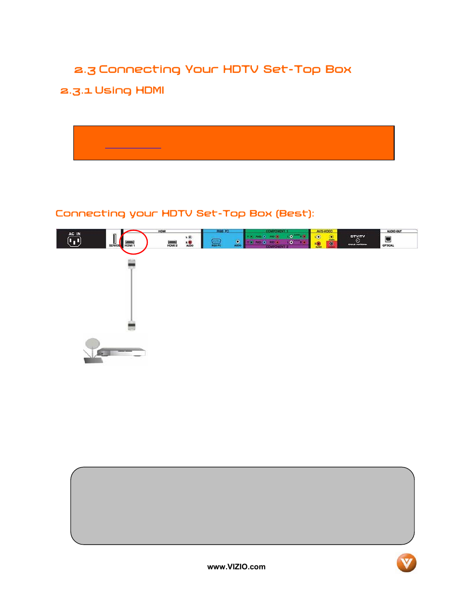 3 connecting your hdtv set-top box, 1 using hdmi | Vizio VW32L User Manual | Page 15 / 70