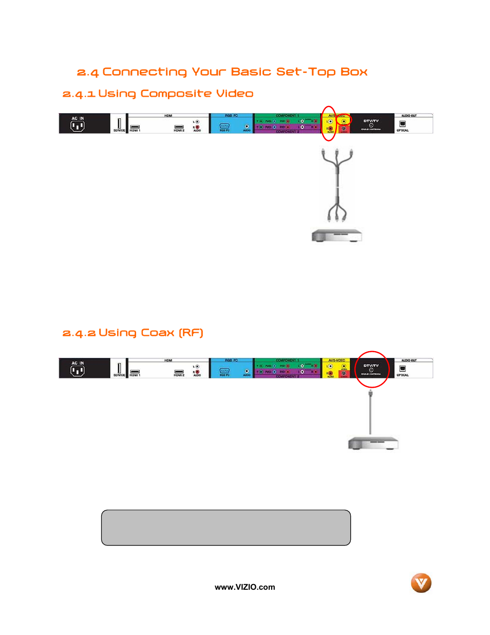 4 connecting your basic set-top box, 1 using composite video, 2 using coax (rf) | Vizio VW32L User Manual | Page 18 / 70