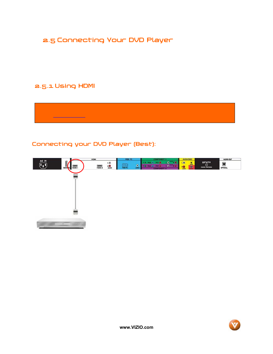 5 connecting your dvd player, 1 using hdmi | Vizio VW32L User Manual | Page 19 / 70