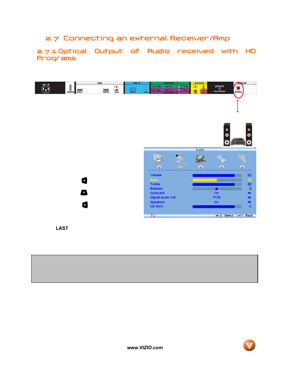 7 connecting an external receiver/amp | Vizio VW32L User Manual | Page 24 / 70