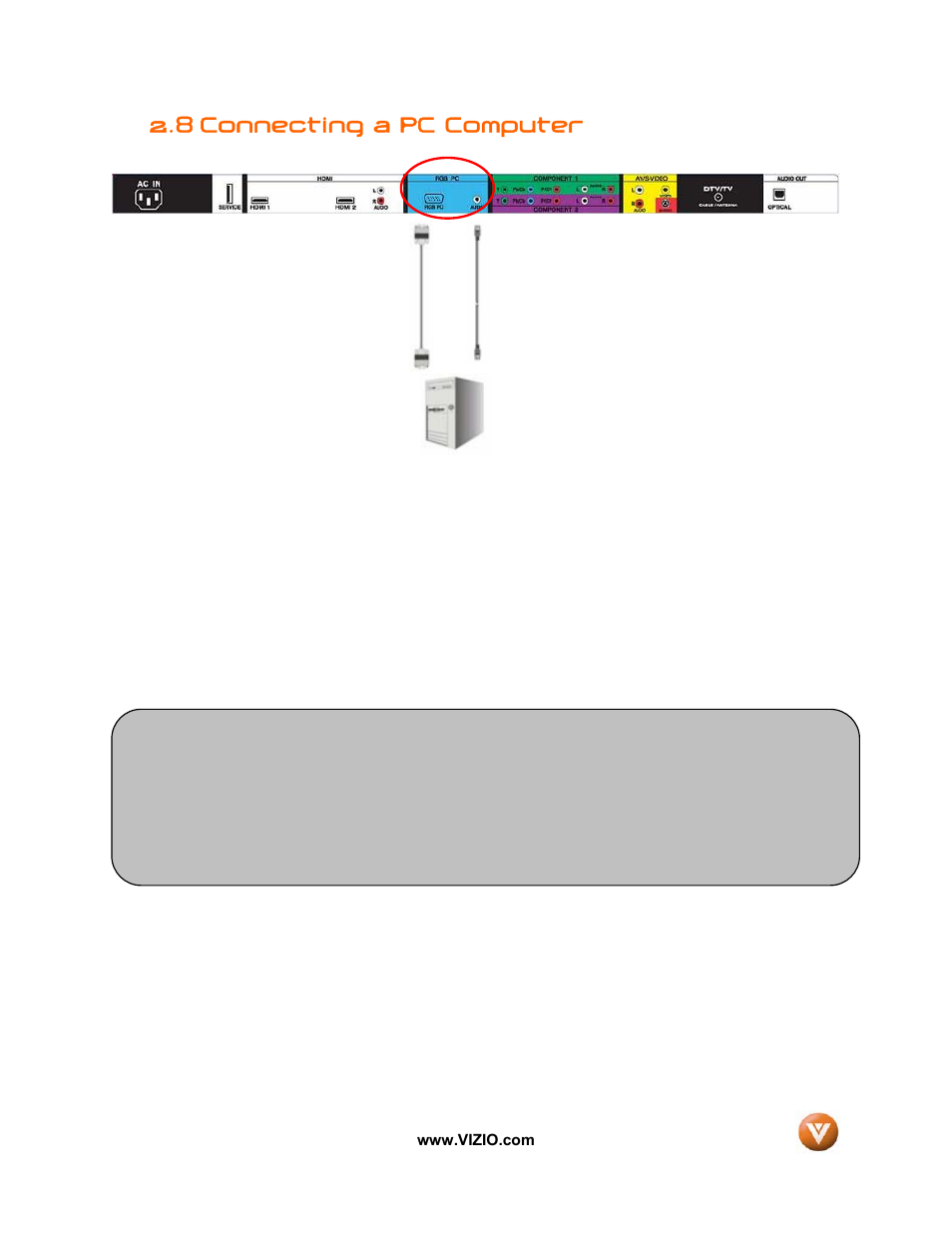 Connecting a pc computer, 8 connecting a pc computer | Vizio VW32L User Manual | Page 25 / 70