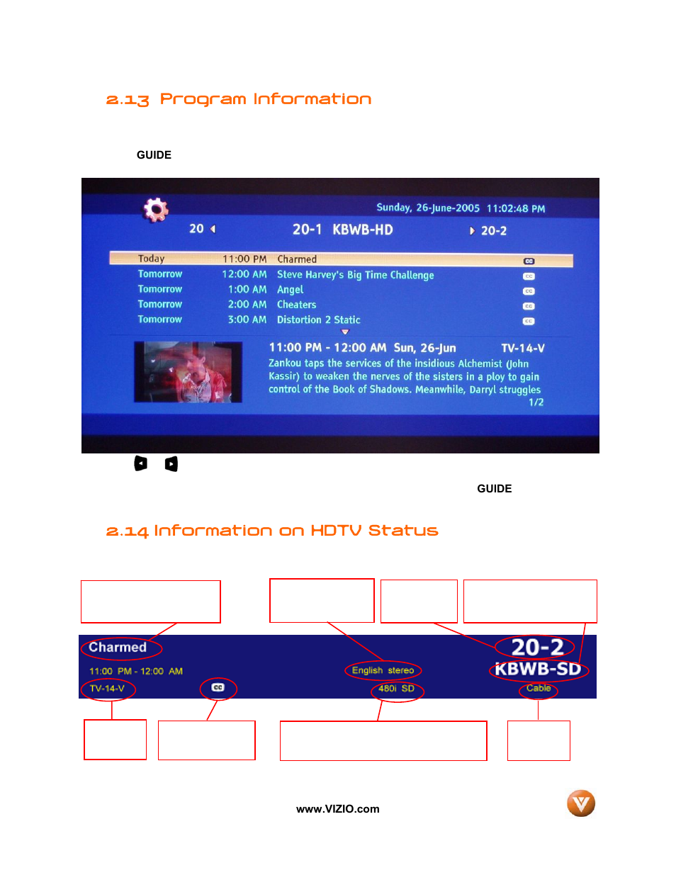 13 program information, 14 information on hdtv status | Vizio VW32L User Manual | Page 34 / 70