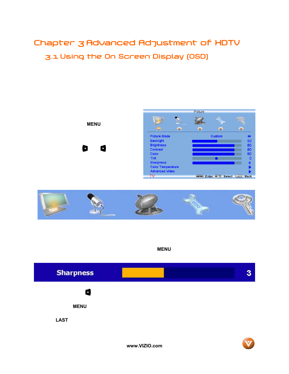 Chapter 3 advanced adjustment of hdtv, 1 using the on screen display (osd) | Vizio VW32L User Manual | Page 35 / 70