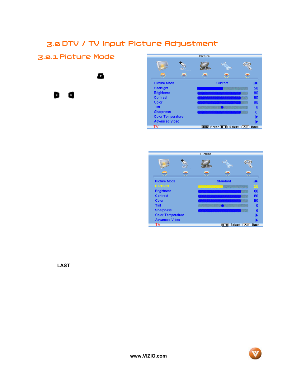 2 dtv / tv input picture adjustment, Picture mode, 1 picture mode | Vizio VW32L User Manual | Page 36 / 70