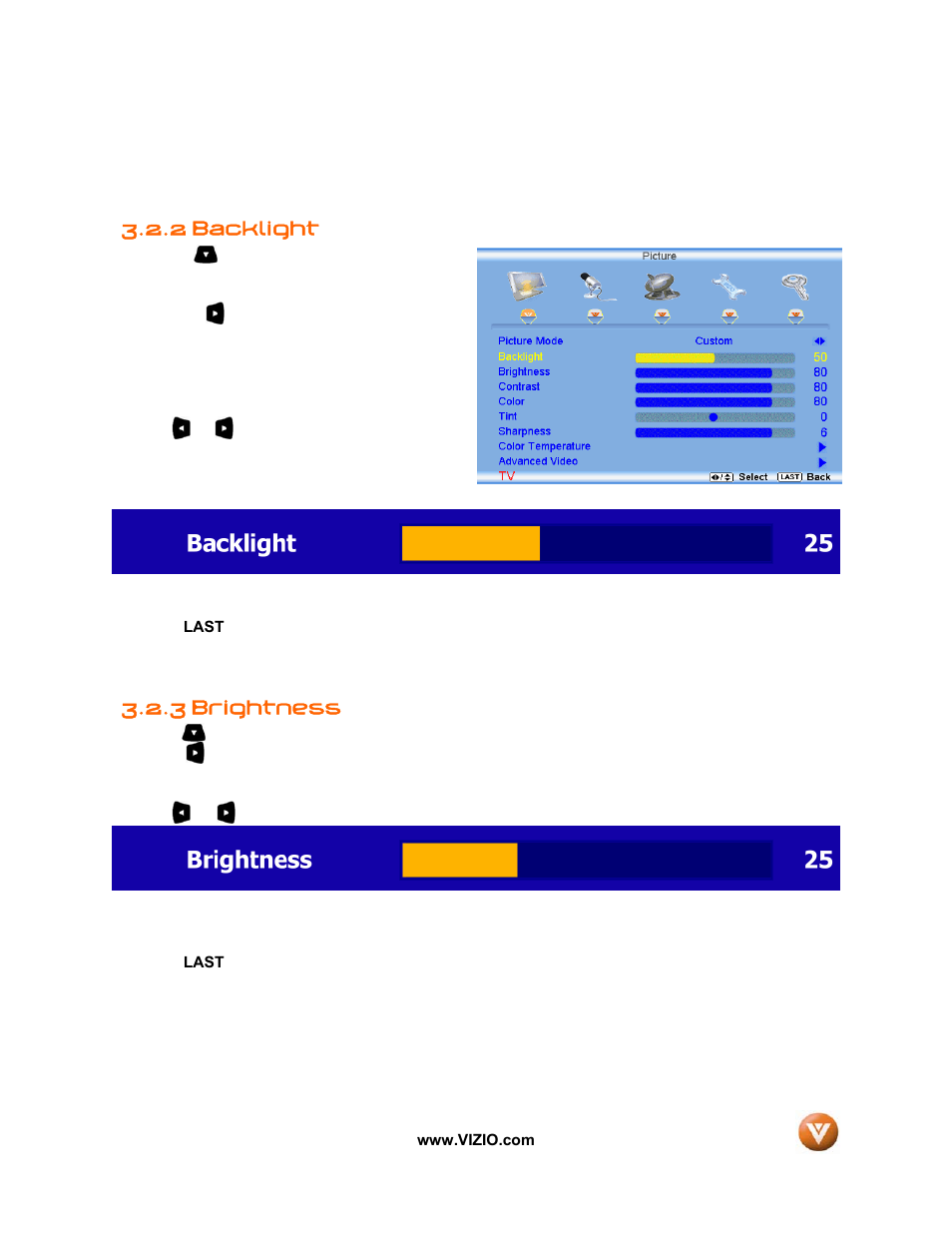 2 backlight, 3 brightness | Vizio VW32L User Manual | Page 37 / 70