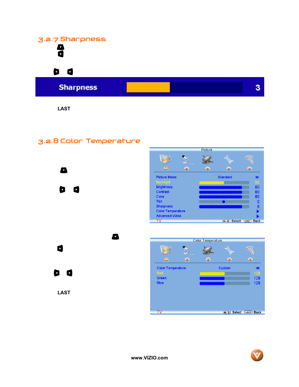 7 sharpness, 8 color temperature | Vizio VW32L User Manual | Page 39 / 70