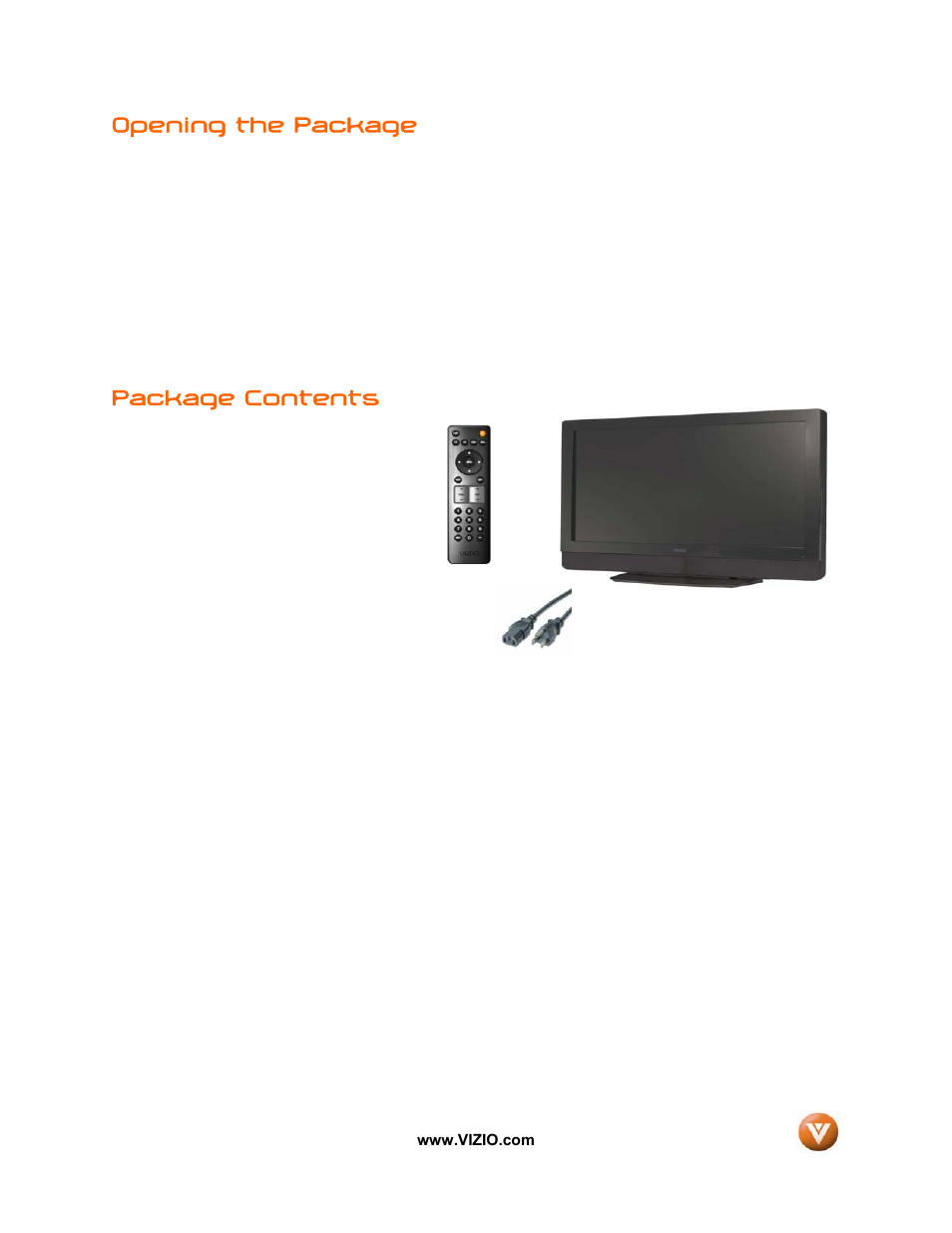 Opening the package, Package contents | Vizio VW32L User Manual | Page 4 / 70