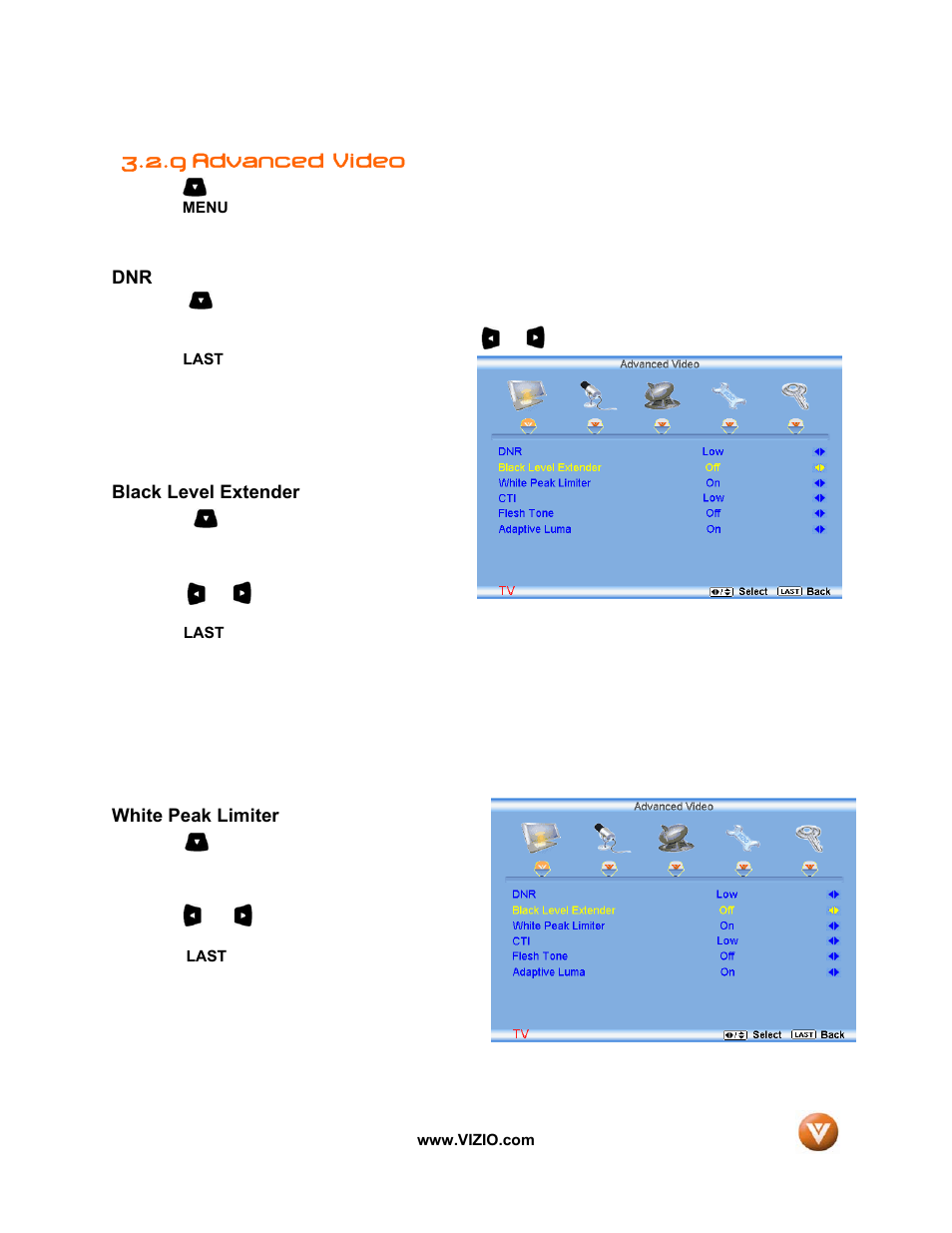 9 advanced video, Black level extender, White peak limiter | Vizio VW32L User Manual | Page 40 / 70