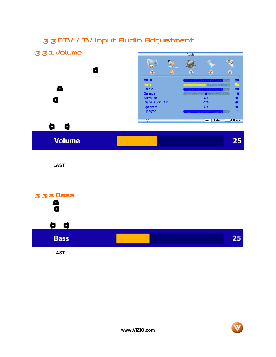 3 dtv / tv input audio adjustment, Volume, 2 bass | 1 volume | Vizio VW32L User Manual | Page 42 / 70