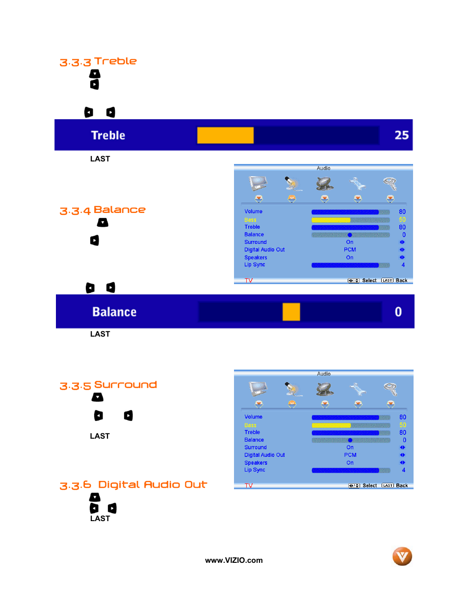 3 treble, 4 balance, 5 surround | 6 digital audio out | Vizio VW32L User Manual | Page 43 / 70