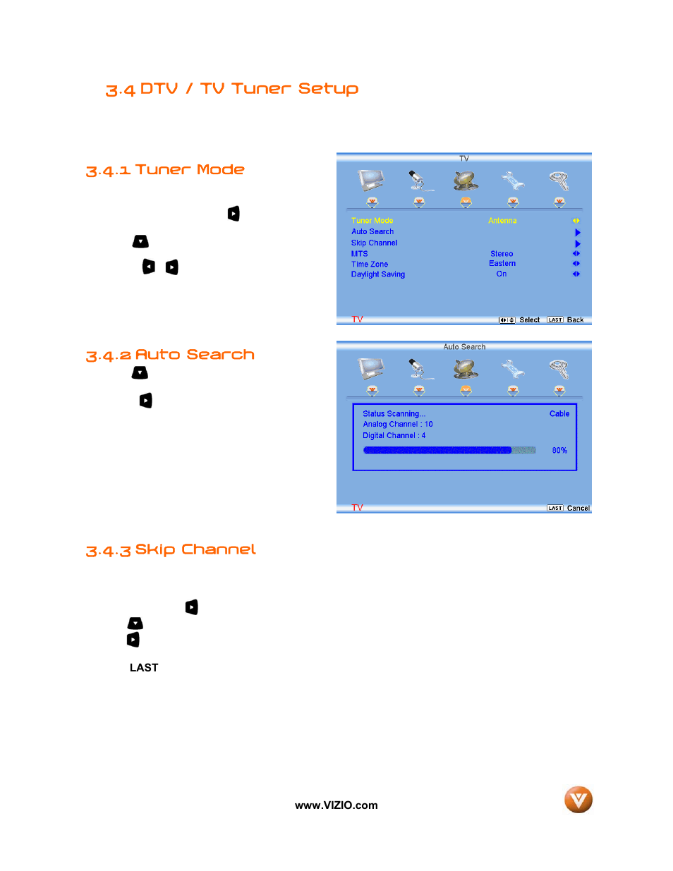 4 dtv / tv tuner setup, Tuner mode, Auto search | 3 skip channel, 1 tuner mode, 2 auto search | Vizio VW32L User Manual | Page 45 / 70