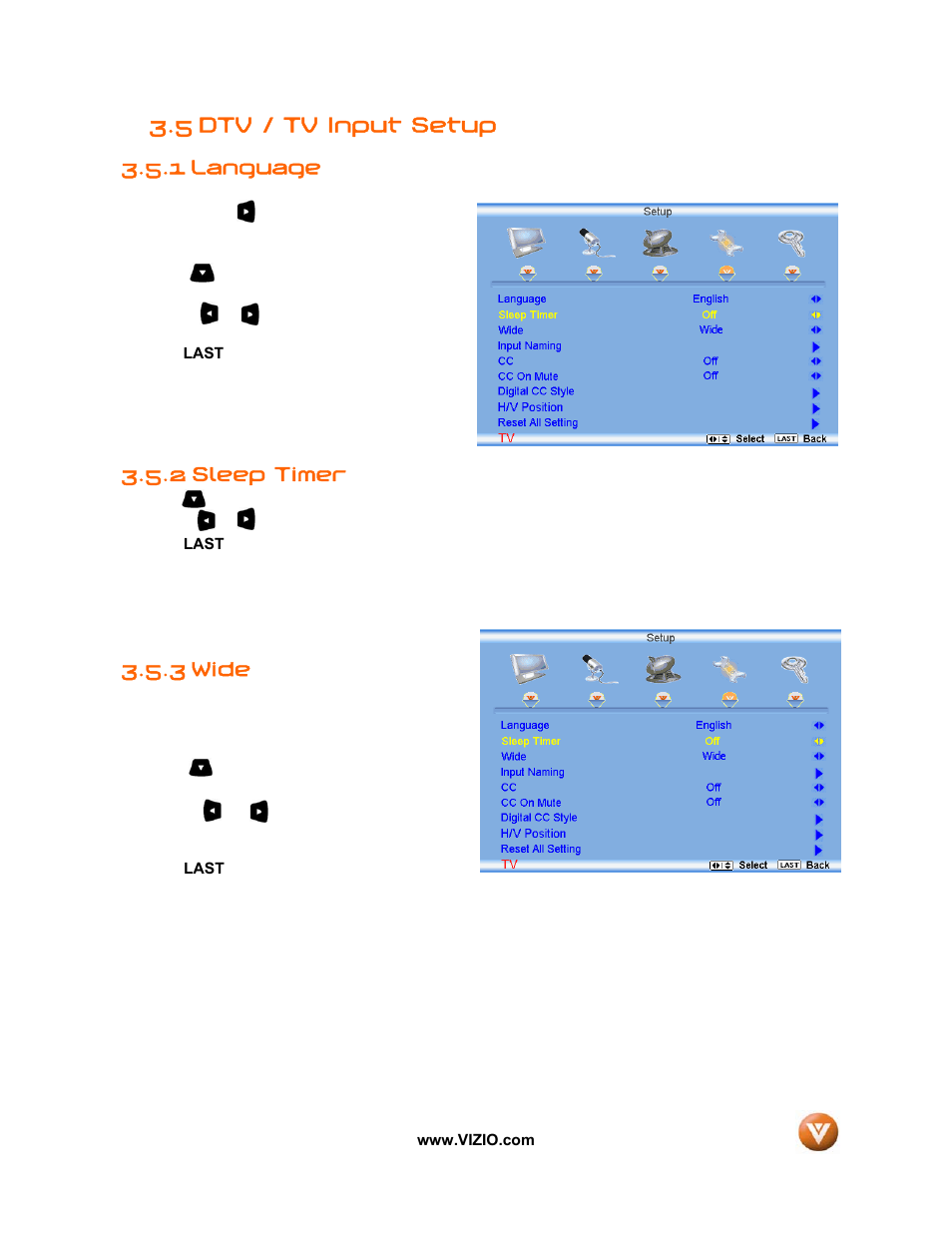 5 dtv / tv input setup, 1 language, 2 sleep timer | 3 wide | Vizio VW32L User Manual | Page 47 / 70