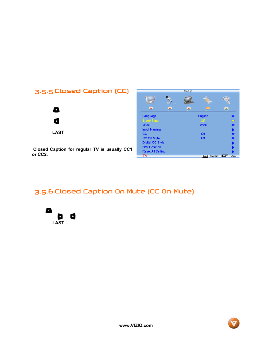 Closed caption (cc), 6 closed caption on mute (cc on mute), 5 closed caption (cc) | Vizio VW32L User Manual | Page 49 / 70