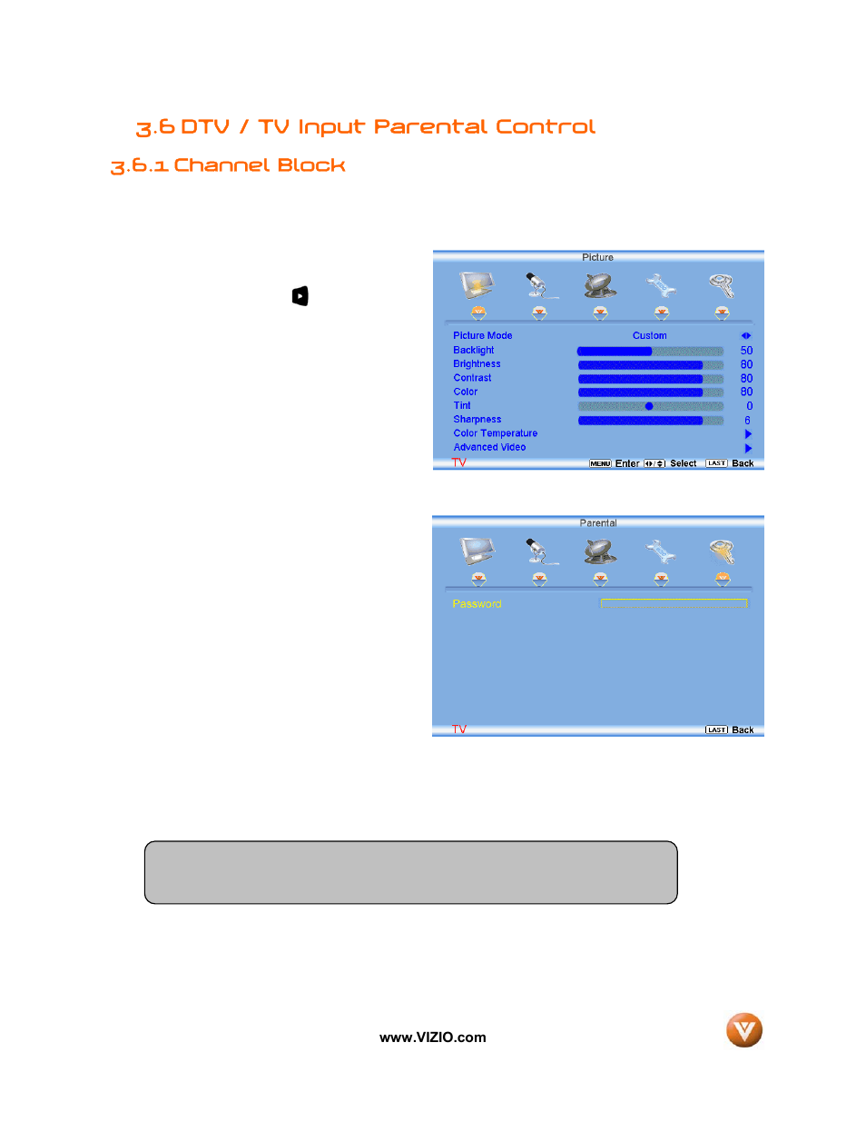 6 dtv / tv input parental control, 1 channel block | Vizio VW32L User Manual | Page 51 / 70