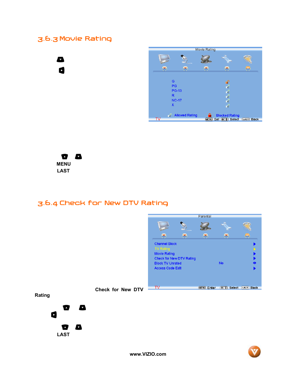 3 movie rating, 4 check for new dtv rating | Vizio VW32L User Manual | Page 53 / 70