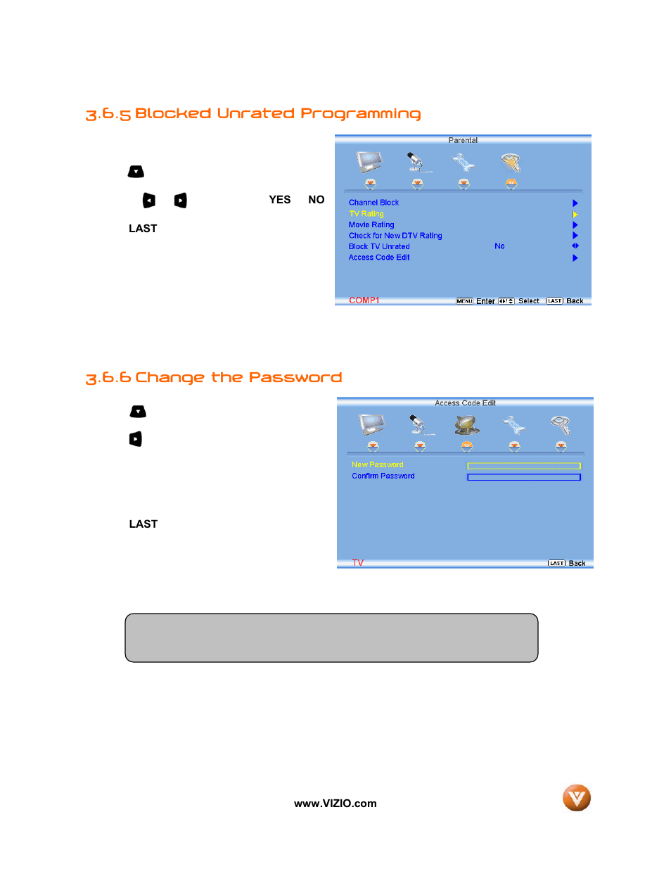 5 blocked unrated programming, 6 change the password | Vizio VW32L User Manual | Page 54 / 70