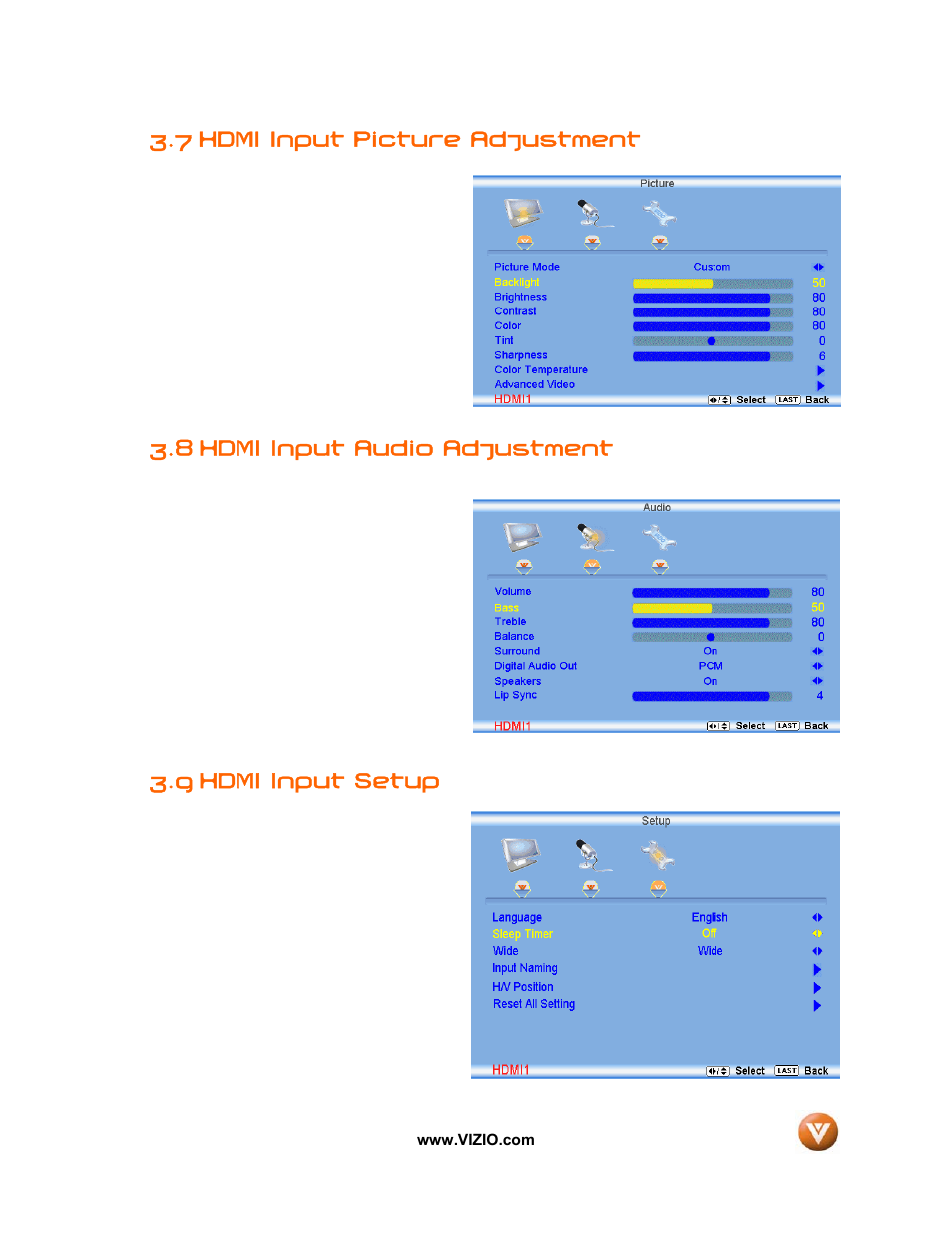 7 hdmi input picture adjustment, 8 hdmi input audio adjustment, Hdmi input setup | 9 hdmi input setup | Vizio VW32L User Manual | Page 55 / 70