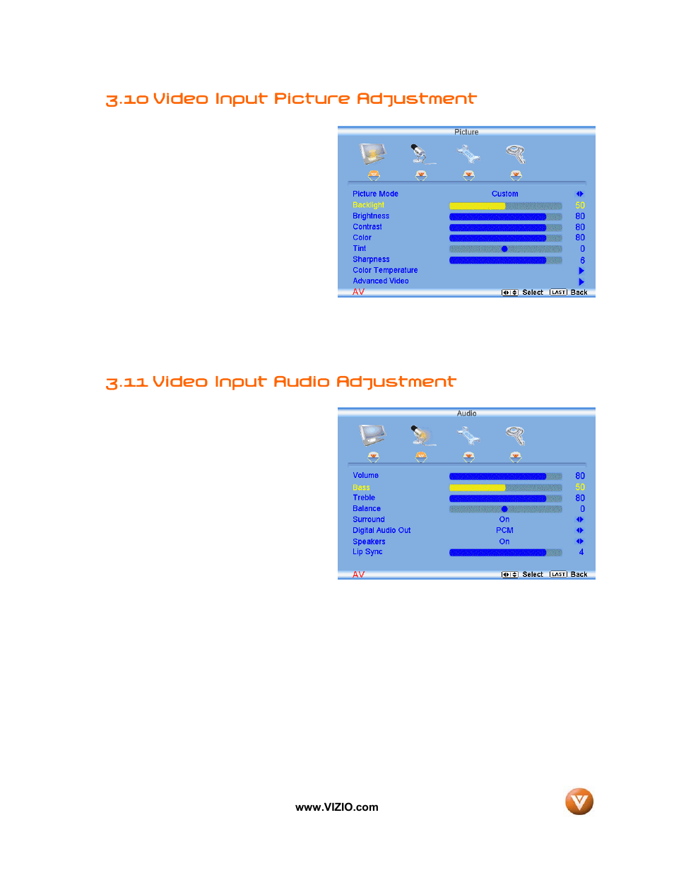 10 video input picture adjustment, 11 video input audio adjustment | Vizio VW32L User Manual | Page 56 / 70