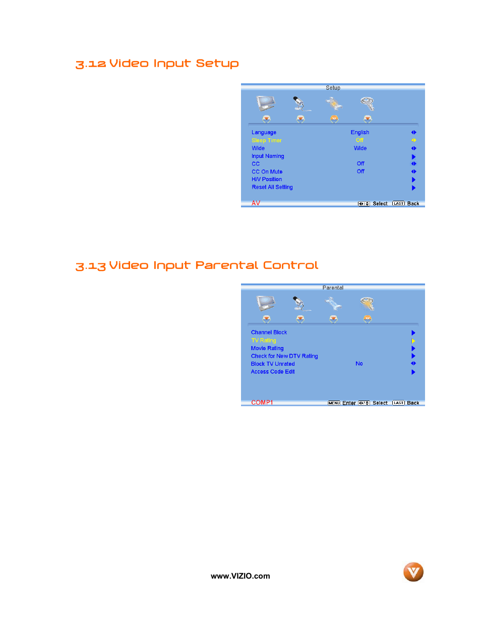 12 video input setup, 13 video input parental control | Vizio VW32L User Manual | Page 57 / 70