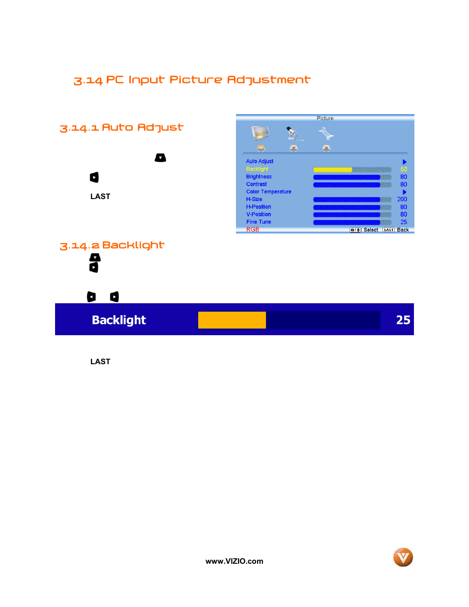 14 pc input picture adjustment, 1 auto adjust, 2 backlight | Vizio VW32L User Manual | Page 58 / 70