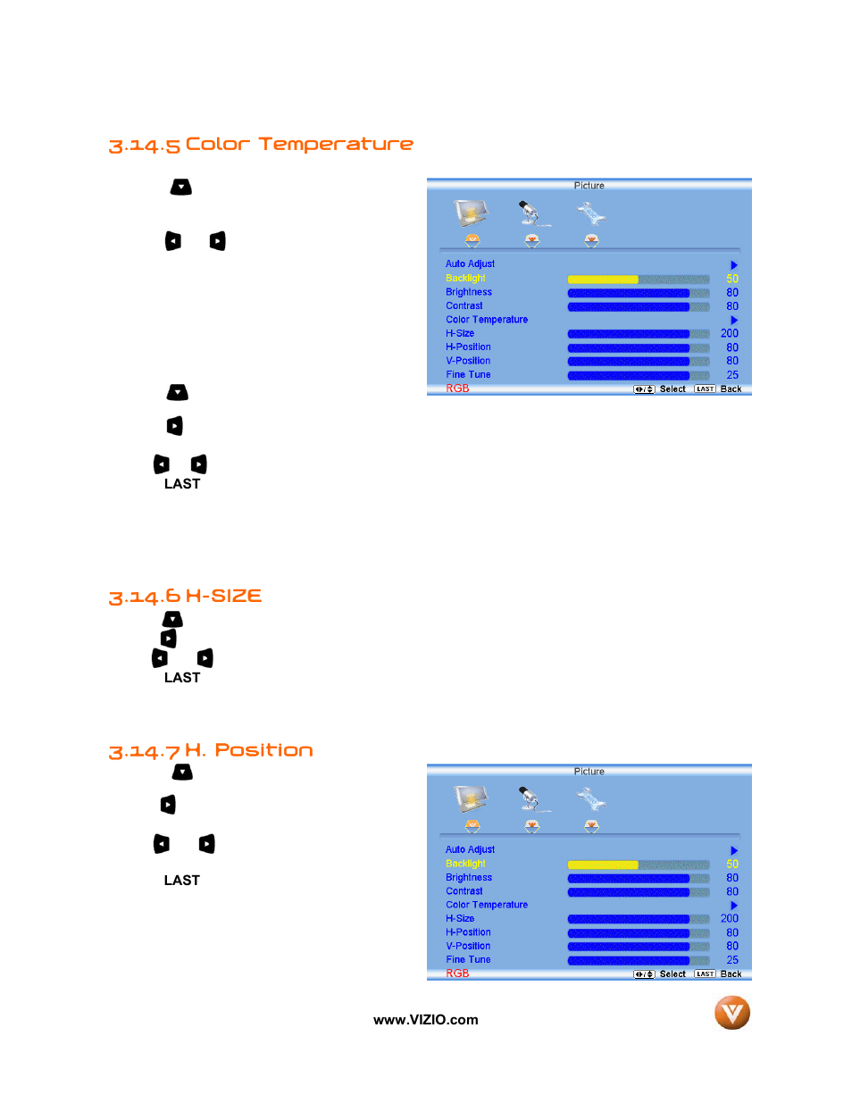 5 color temperature, 6 h-size, H. position | 7 h. position | Vizio VW32L User Manual | Page 60 / 70