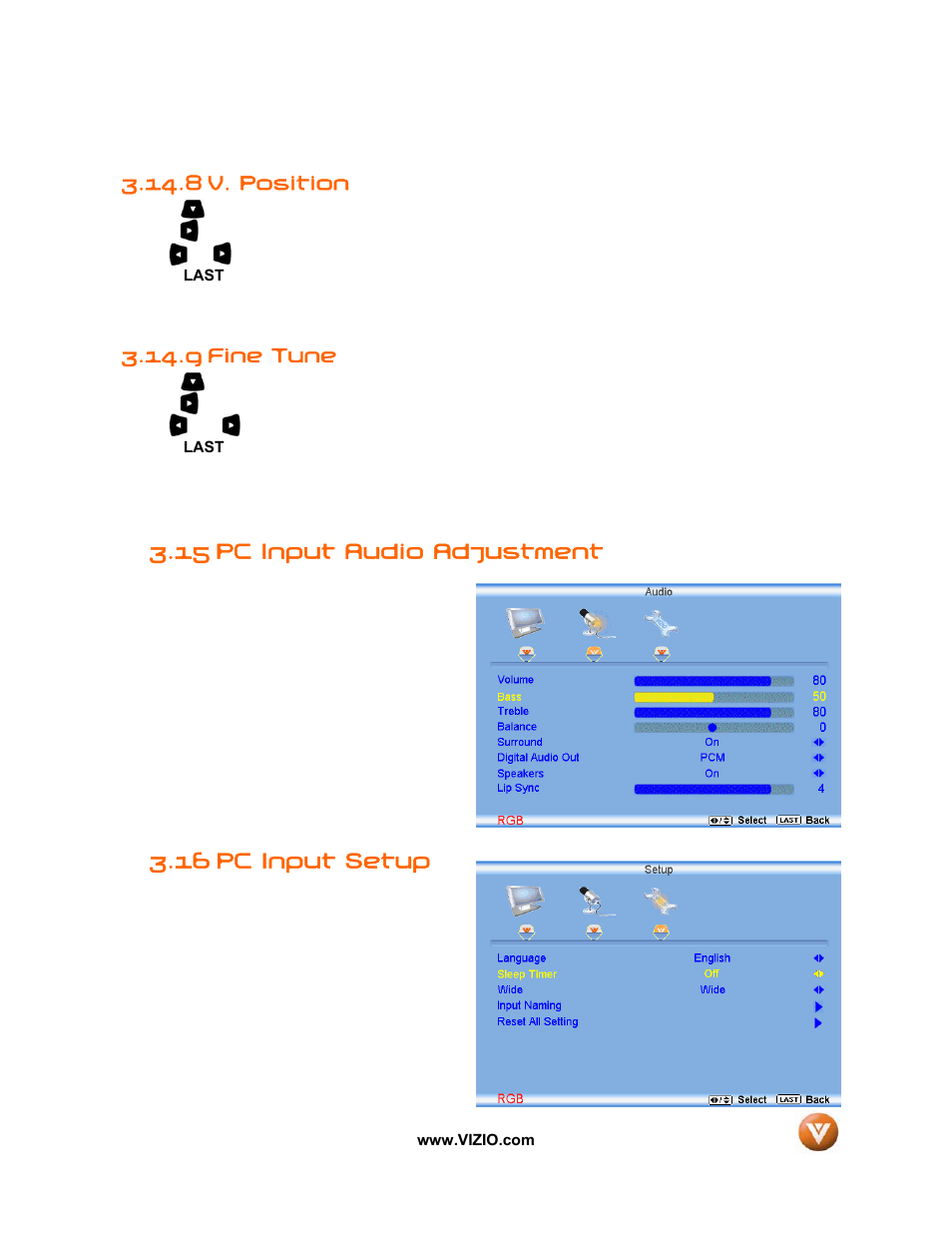 8 v. position, 9 fine tune, 15 pc input audio adjustment | Pc input setup, 16 pc input setup | Vizio VW32L User Manual | Page 61 / 70
