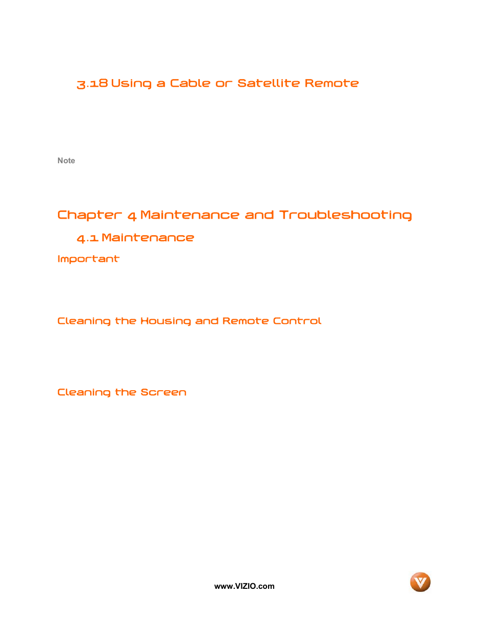 18 using a cable or satellite remote, Chapter 4 maintenance and troubleshooting, 1 maintenance | Vizio VW32L User Manual | Page 63 / 70