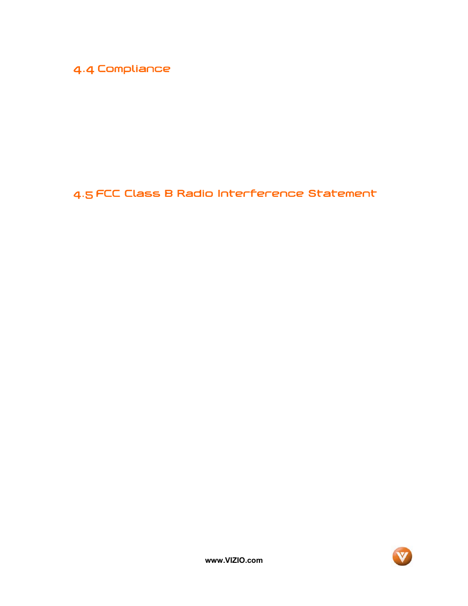 4 compliance, 5 fcc class b radio interference statement, Compliance | Vizio VW32L User Manual | Page 66 / 70