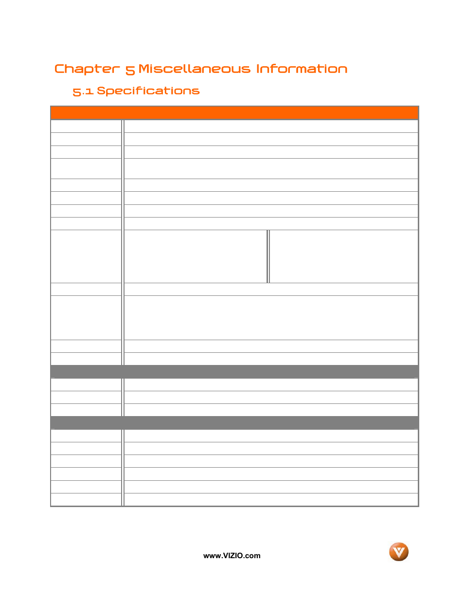 Chapter 5 miscellaneous information, 1 specifications | Vizio VW32L User Manual | Page 67 / 70