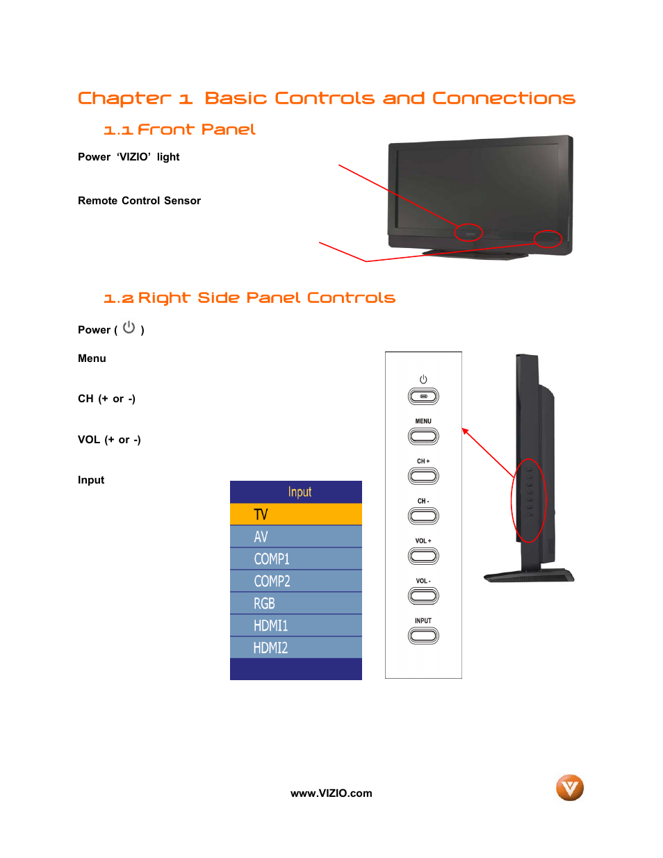 Chapter 1 basic controls and connections, Front panel, 2 right side panel controls | 1 front panel | Vizio VW32L User Manual | Page 9 / 70
