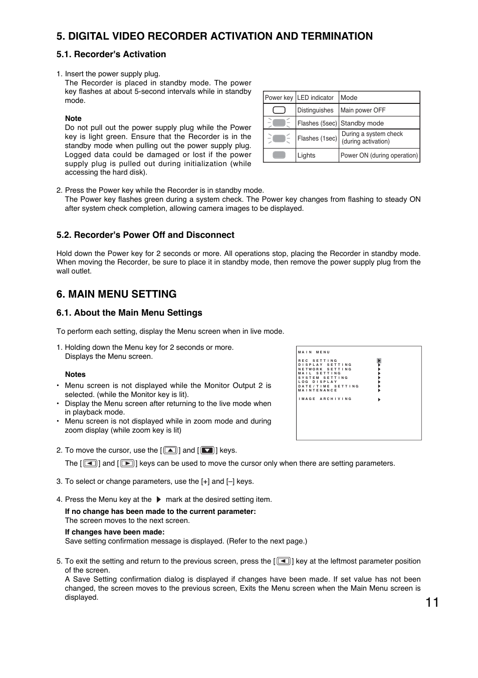 Digital video recorder activation and termination, Main menu setting, Recorder's activation | Recorder's power off and disconnect, About the main menu settings | Vizio C-DR161 CU User Manual | Page 11 / 28