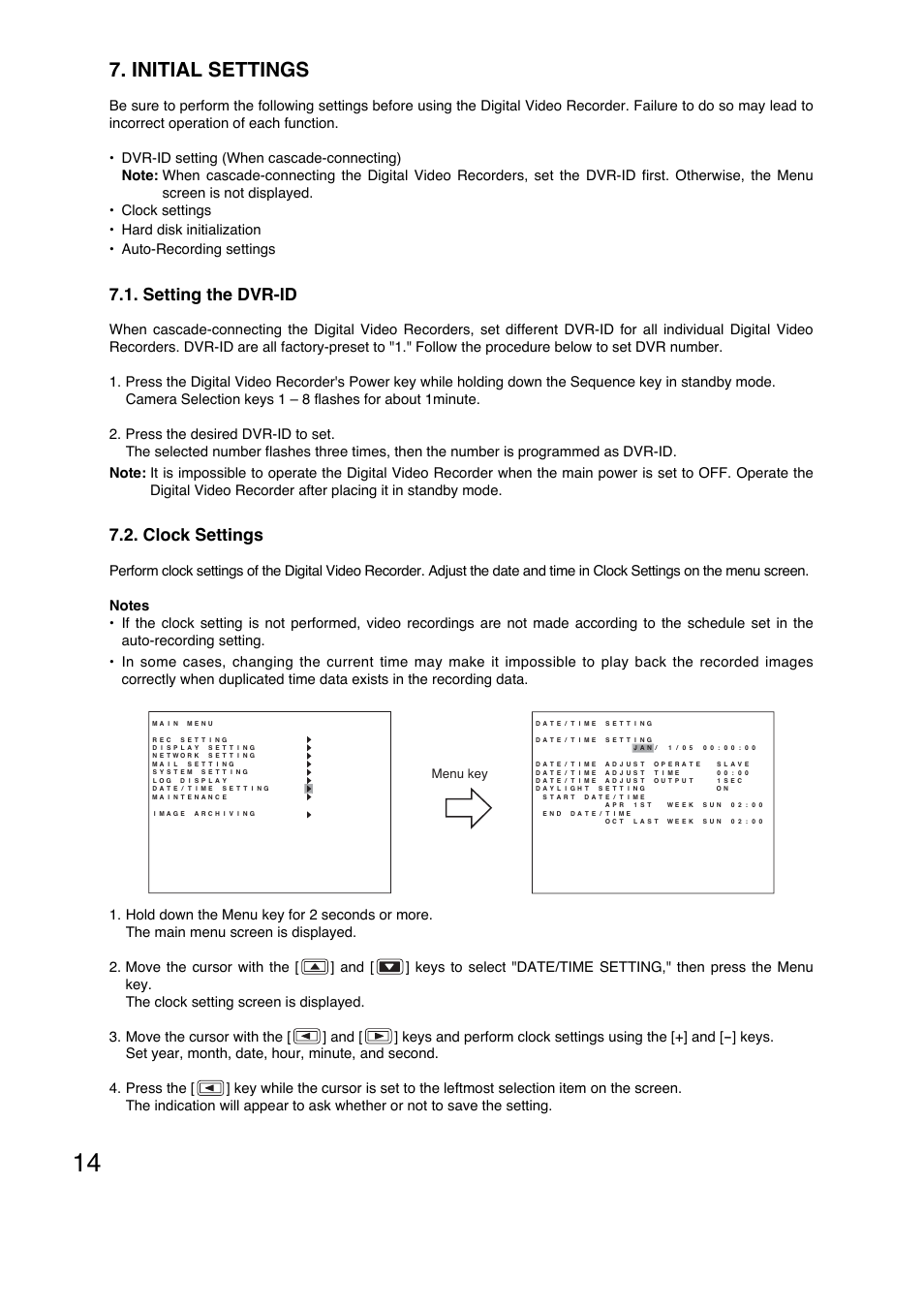 Initial settings, Setting the dvr-id, Clock settings | Menu key | Vizio C-DR161 CU User Manual | Page 14 / 28