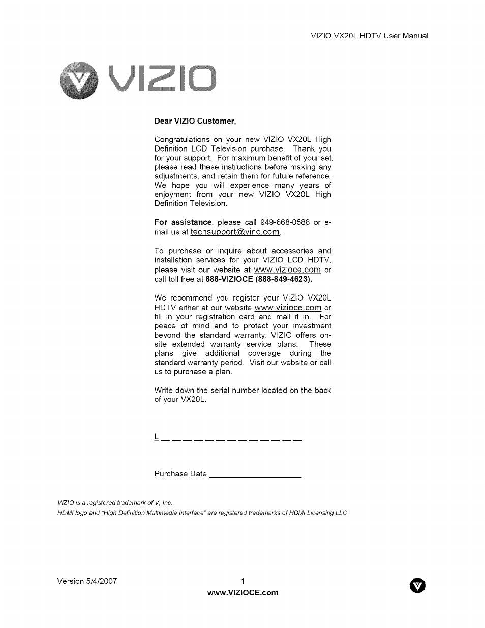 Vizio VX20L User Manual | 67 pages