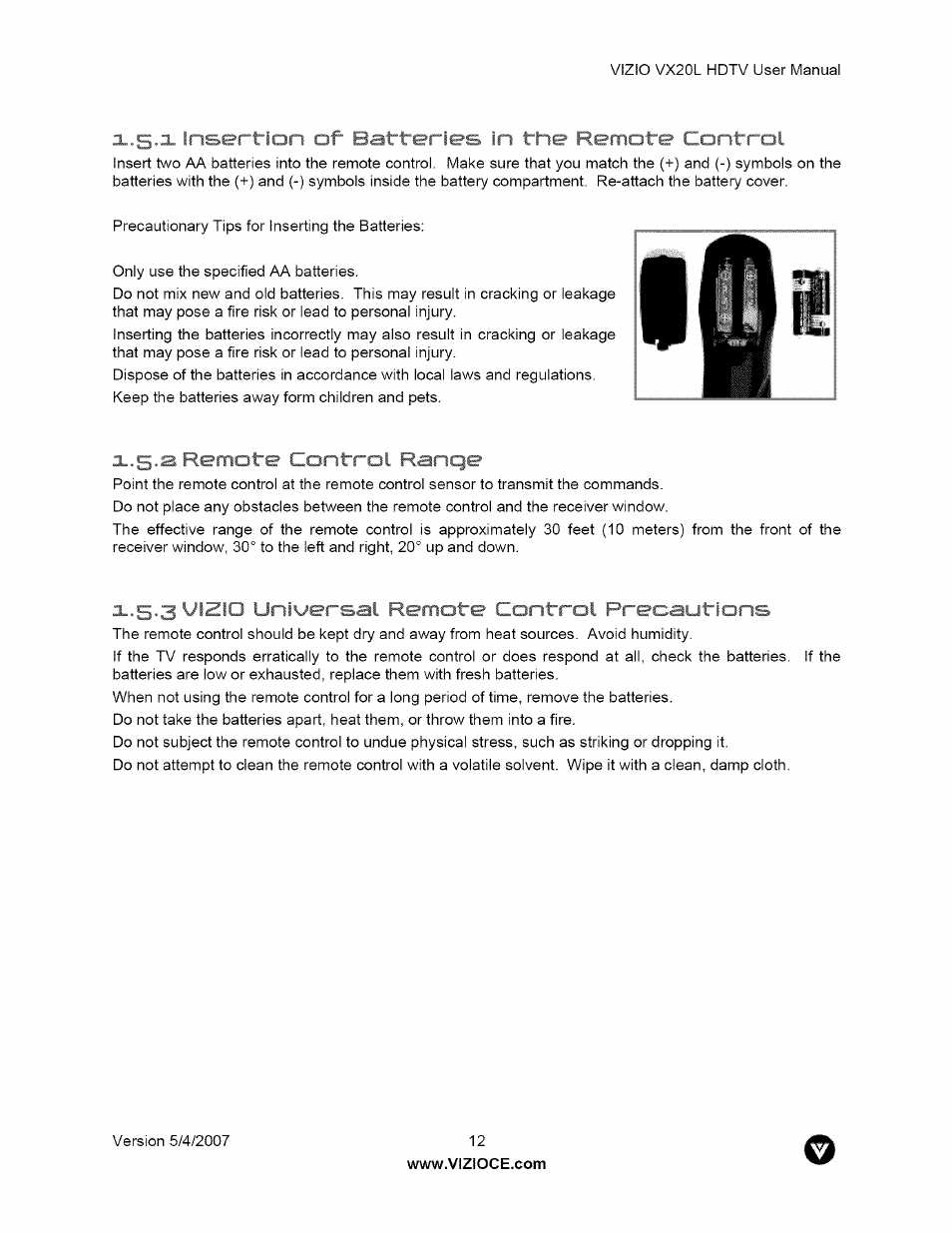 X.5.3, insertion of batteries in ^ ' nntrol, R c h/vfiqe, I f izio universal remote control precaut»^ » j | 1 insertion of batteries in the remote control, Insertion of batteries in, Nntrol | Vizio VX20L User Manual | Page 12 / 67