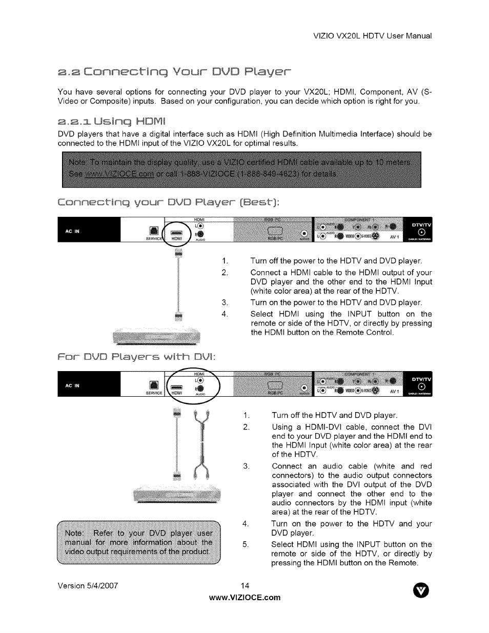 A.a connectinq you^ l'yd player, Connectinq your oyo player, For dvd players with ovi | 2 connecting your dvd player, A.s.xuslrtq ndmi | Vizio VX20L User Manual | Page 14 / 67