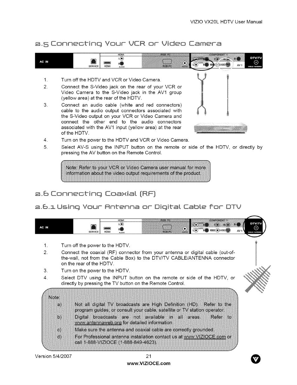 A.5 connectinq your vcr or video camera, Í ^ ,nnf'í v v 5q coaxial [rf, A.b.xusinq your hr»^ . ^ t». ir cable for dtu | 5 connecting your vcr or video camera, Í ^ ,nnf'í v v 5q coaxial [rf] a.b.xusinq your hr, Ir cable for | Vizio VX20L User Manual | Page 21 / 67