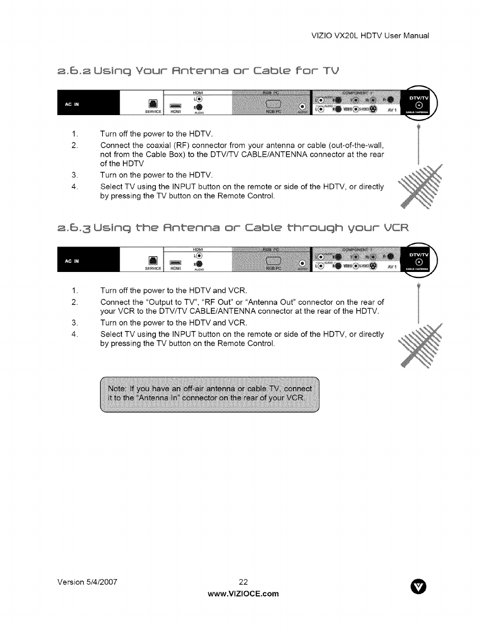 S.b.3 usinq v'our ^ >/» or cable far tu, 3 using the antenna or cable through your vcr, S.b.3 usinq v'our | Or cable far tu, S.b.3 usinq the, Nna or cable throuqh your vcr | Vizio VX20L User Manual | Page 22 / 67