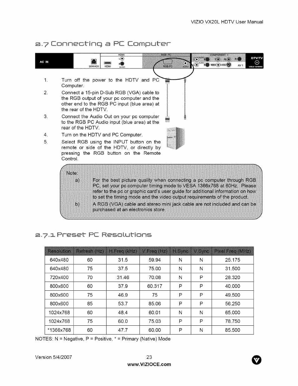 A.7 connectinq a pc computer, T-.x preset pc reso-* -tions, 7 connecting a pc computer | 1 preset pc resolutions | Vizio VX20L User Manual | Page 23 / 67