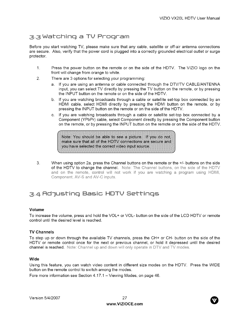 V' iihinq tu pi aqram, A ficjiustirp. f hdt\/ settinqs | Vizio VX20L User Manual | Page 27 / 67