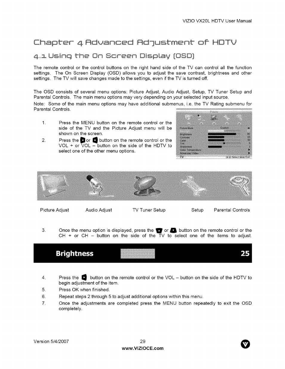 X usinq the on screen display [osdj, 1 using the on screen display (osd), Cha^ 4 . r / i i advanced hdiustment* of hd'fl | Vizio VX20L User Manual | Page 29 / 67