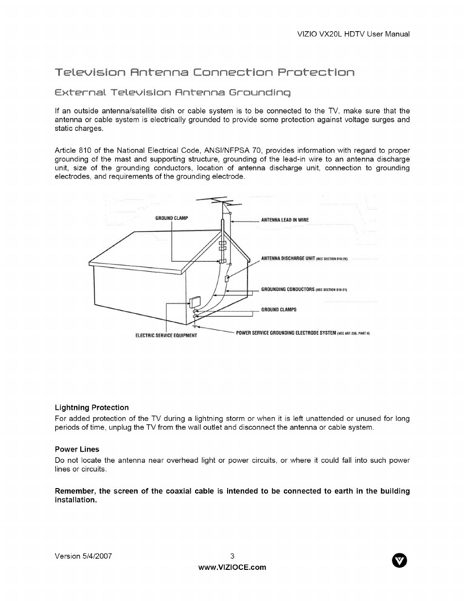 Television pi ¡i i f j ivvi protection | Vizio VX20L User Manual | Page 3 / 67