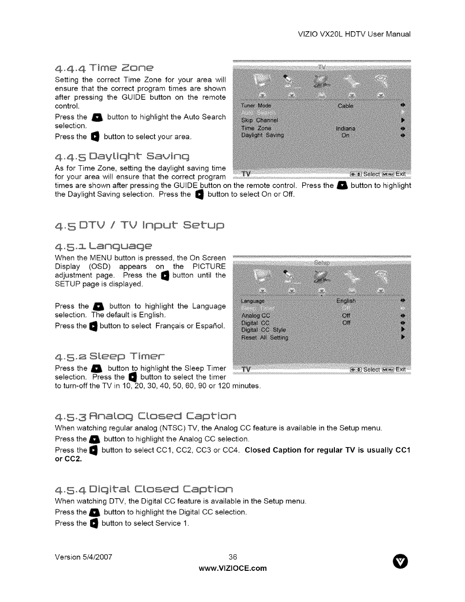 4,4.4 time zone, V i i' / tv input setup 4's'*^' * tsnciusqe, 5,3 sleep timer | 4 , , naloq closed caption, 5,4 olqltal closed caption, 4 time zone, 2 sleep timer, 4 digital closed caption, I' / tv input setup 4, 4 . 5,4 olqltal closed caption | Vizio VX20L User Manual | Page 36 / 67