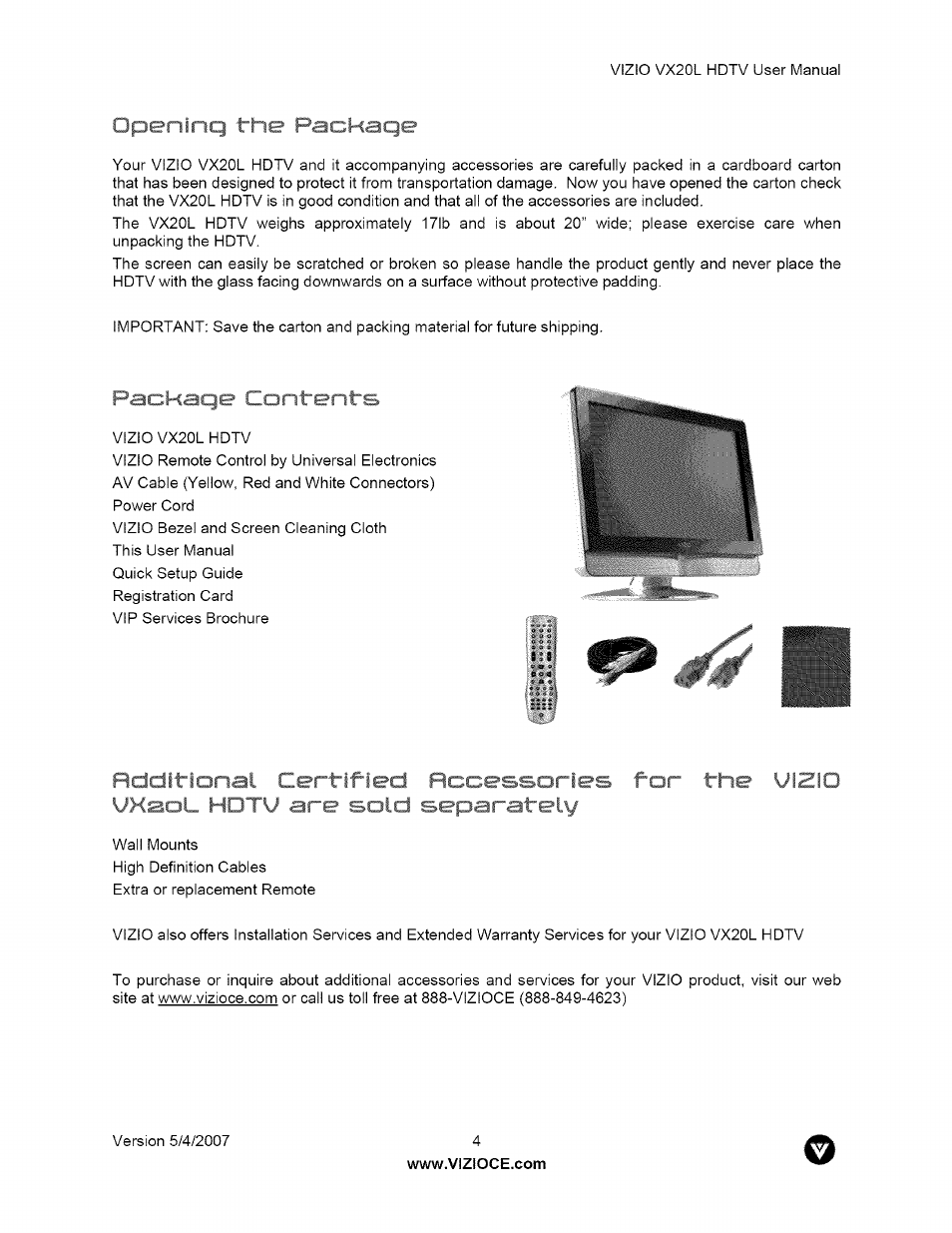 Openinq t“he packaqe, Ckaqe contents | Vizio VX20L User Manual | Page 4 / 67