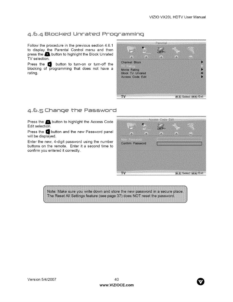 5, ' ''i, • locked unrated, R t > inqe the password, Inqe the password | Vizio VX20L User Manual | Page 40 / 67