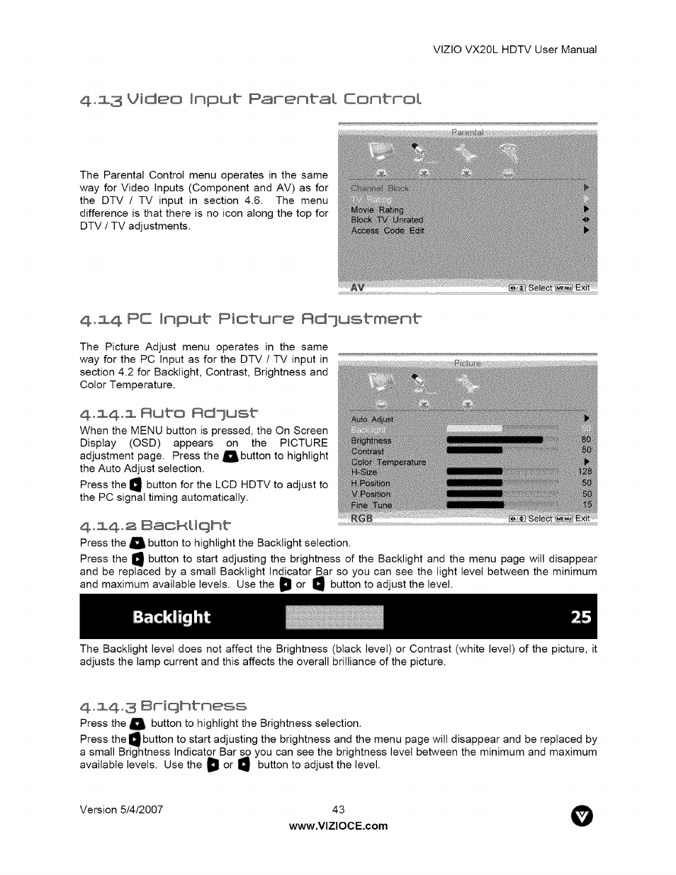 Inpij^ f' '“entai lr-ntrol, X4. pc input picture rdiustmei, I' friqhtness | 14 pc input picture adjustment, X4,a bacnlli | Vizio VX20L User Manual | Page 43 / 67