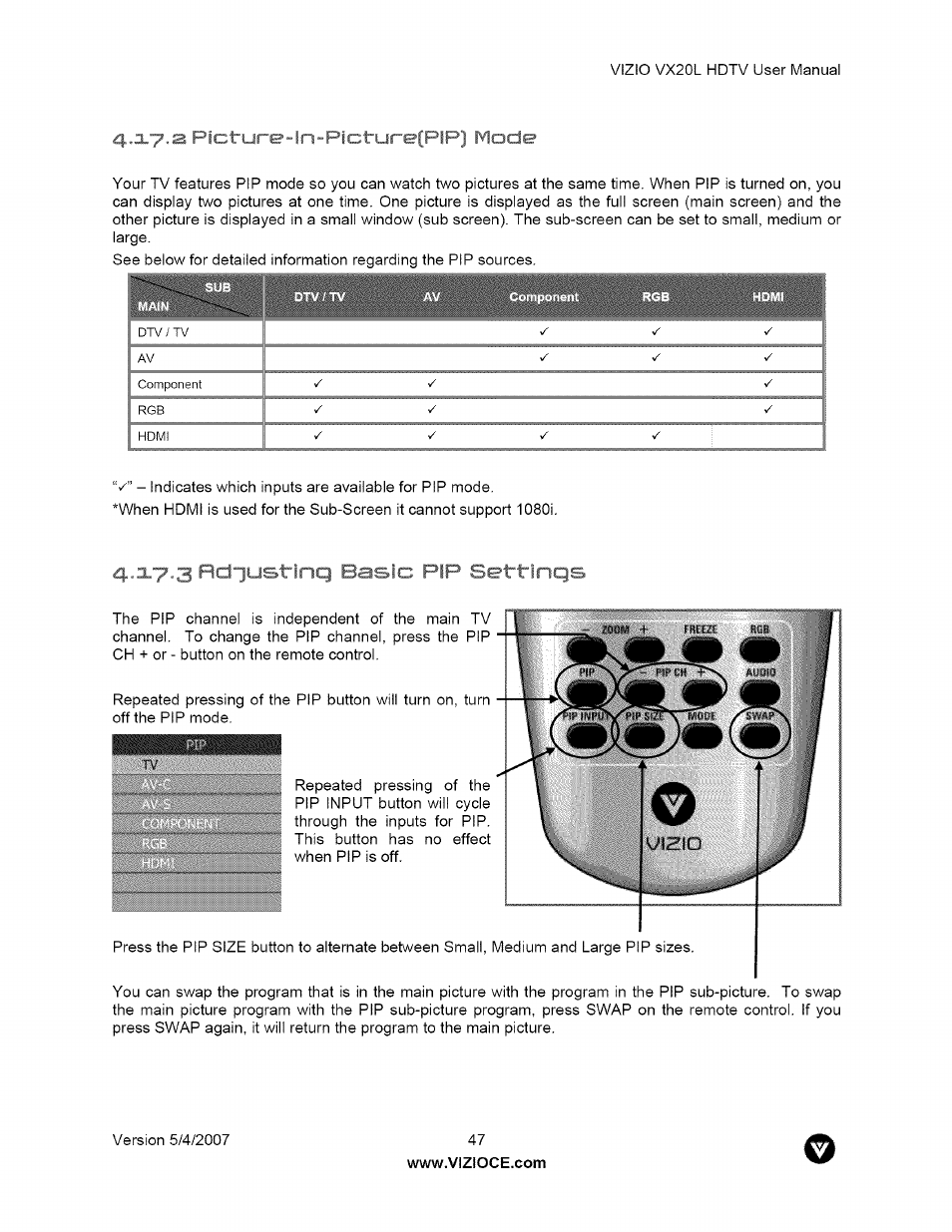 D i / ' jiustlnq basic pip settings, Icture-ln”picture|pip) mode | Vizio VX20L User Manual | Page 47 / 67